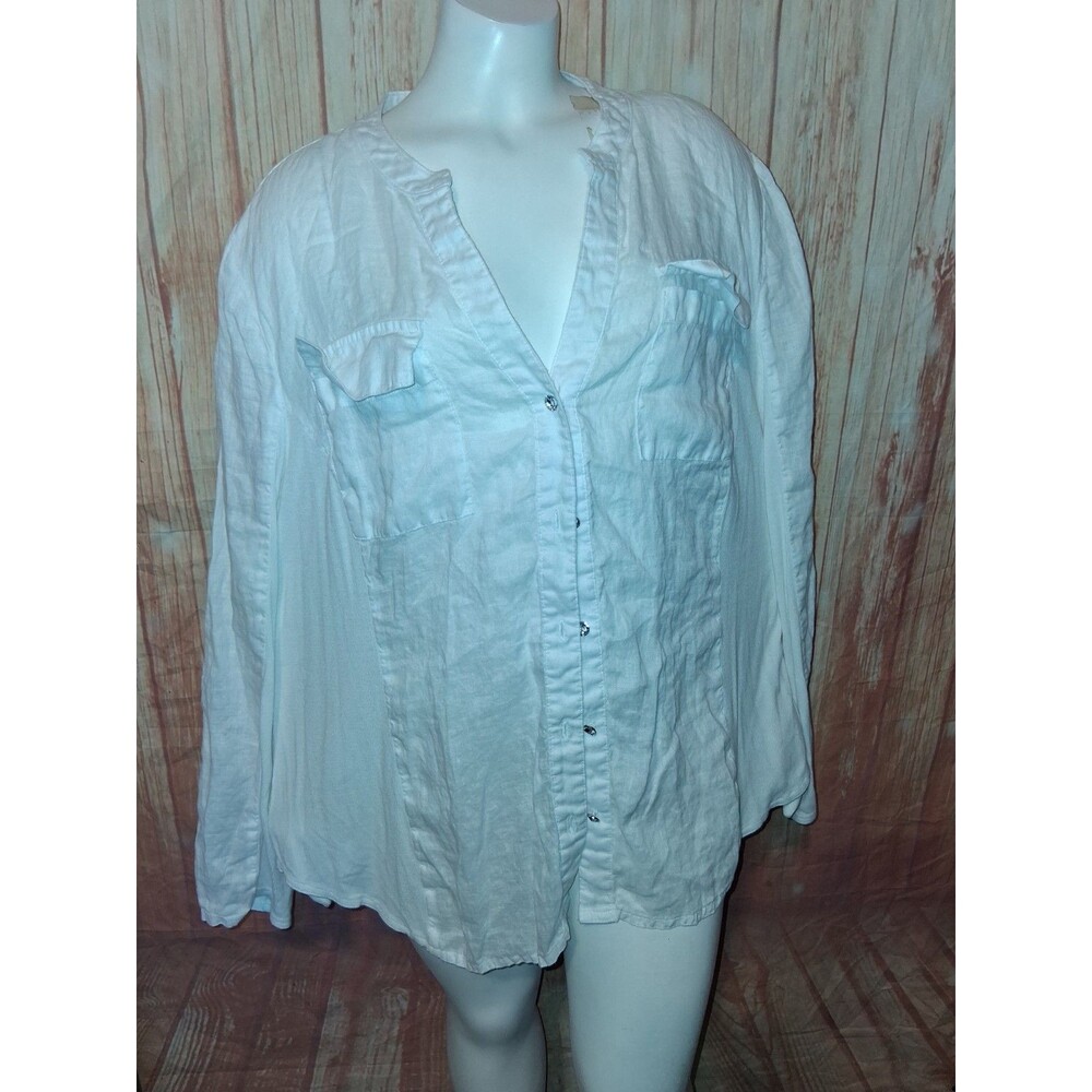 International Concepts White Long Roll Tab Sleeve Button Up V-neck Blouse Sz 2X